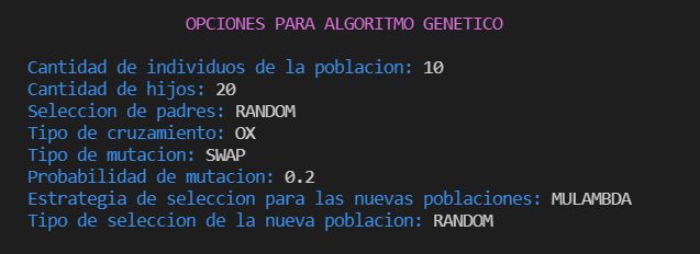 Opciones de Algoritmos Geneticos de ejecución
